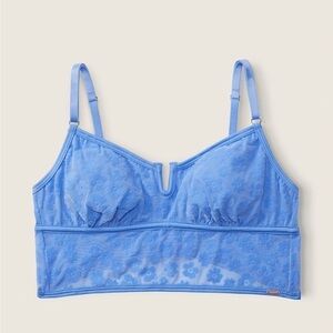 VS Pink Wireless Flocked Mesh Bralette Large-DD Cornflower Blue Daisy
